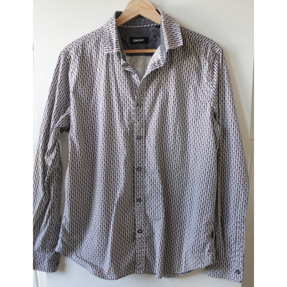 DKNY Shirt Mens Medium Black White Long Sleeve Button Up Allover Logo Pattern - Picture 1 of 8